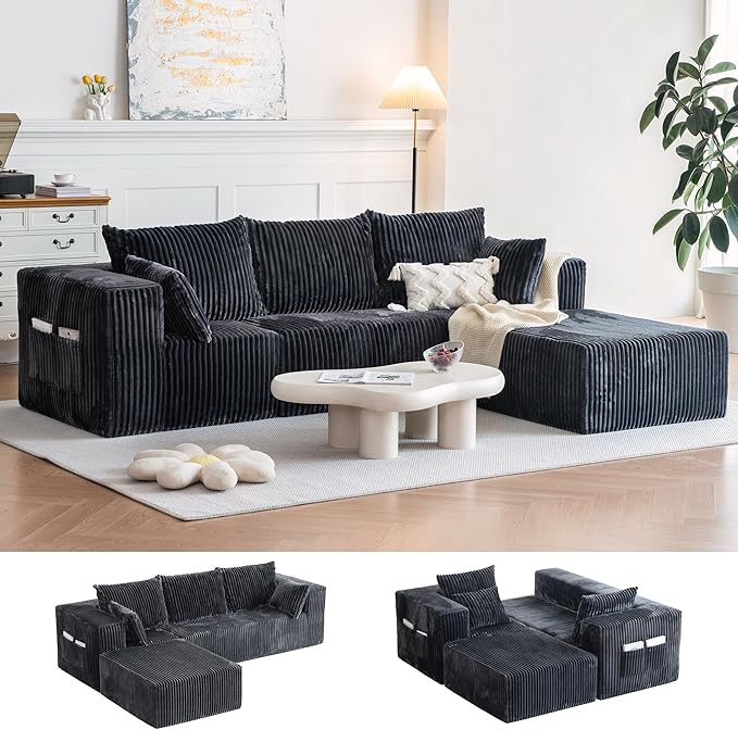 110”Modular Sectional Couches for Living Room, Modern Modular L-Shape Sofa Couch with Chaise, Deep Seat Boneless Sofa Bed, No Assembly Required Sleeper Sofa, Plush Corduroy Fabric, Dark Gray
