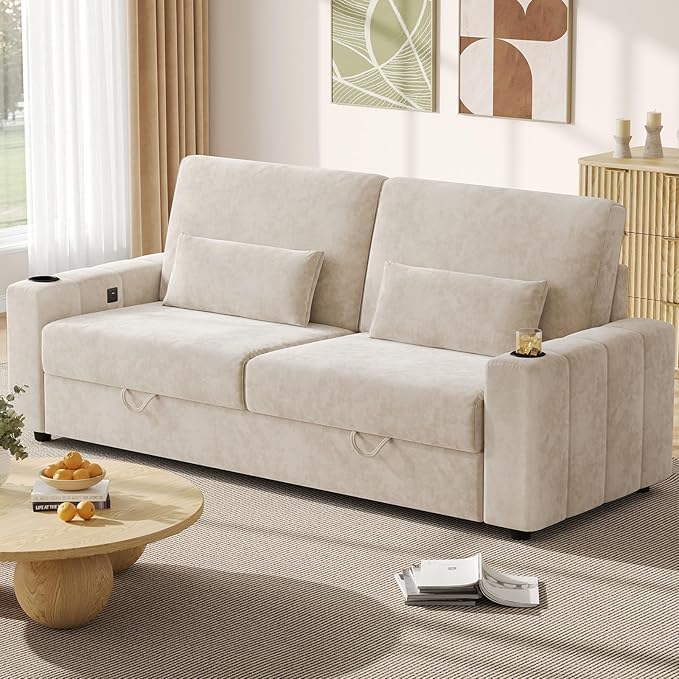 75 Inch Velvet Loveseat Sofa, Couch for Living Room with Storage, Cup Holder, Charging Ports, Heightened Backrests, Modern Comfy Couches Removable Cover Easy Assembly for Small Spaces, Beige
