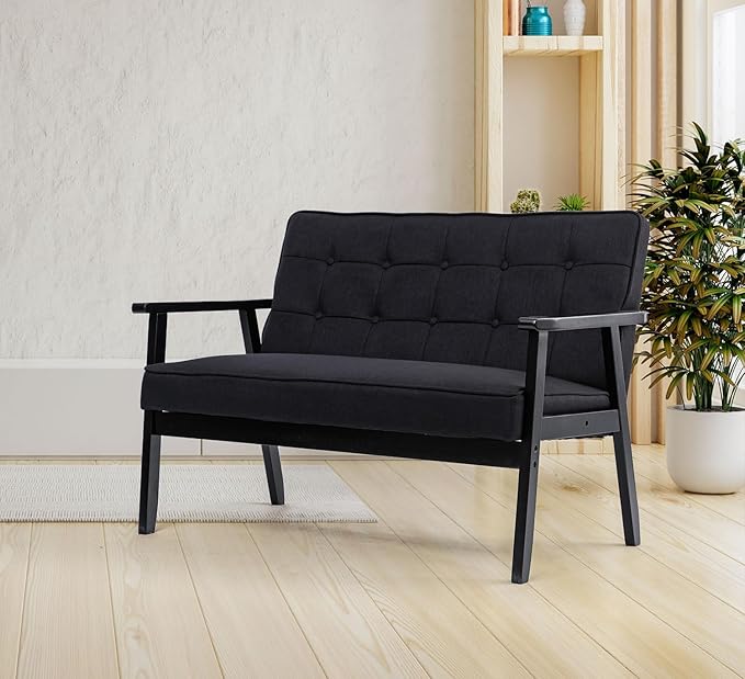 Mid-Century Accent Arm Modern Retro Leisure Chair with Solid Wood Frame Single Sofa for Living Room, Bedroom, Balcony, Studio, 2 Seat, Black
